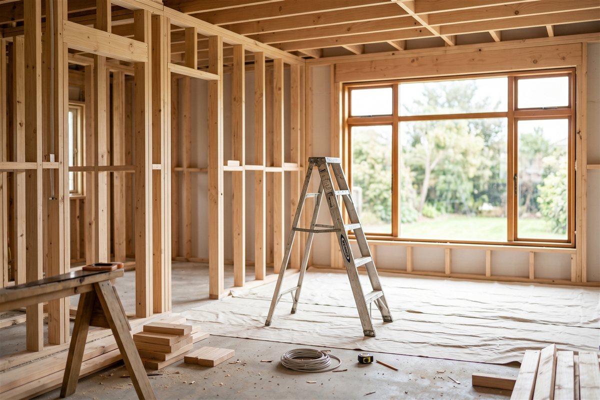 Australian home renovation in progress at the timber wall framing stage in natural light