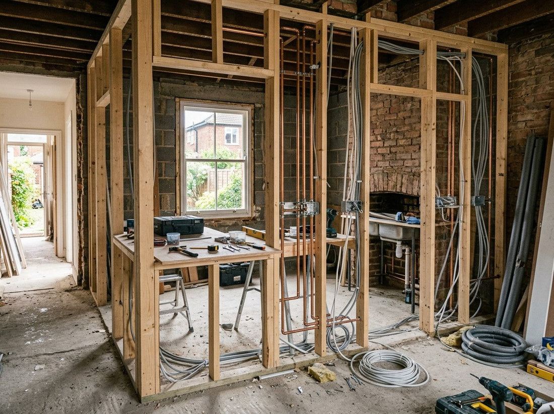 British kitchen renovation in progress at first-fix stage with exposed studs and copper pipework