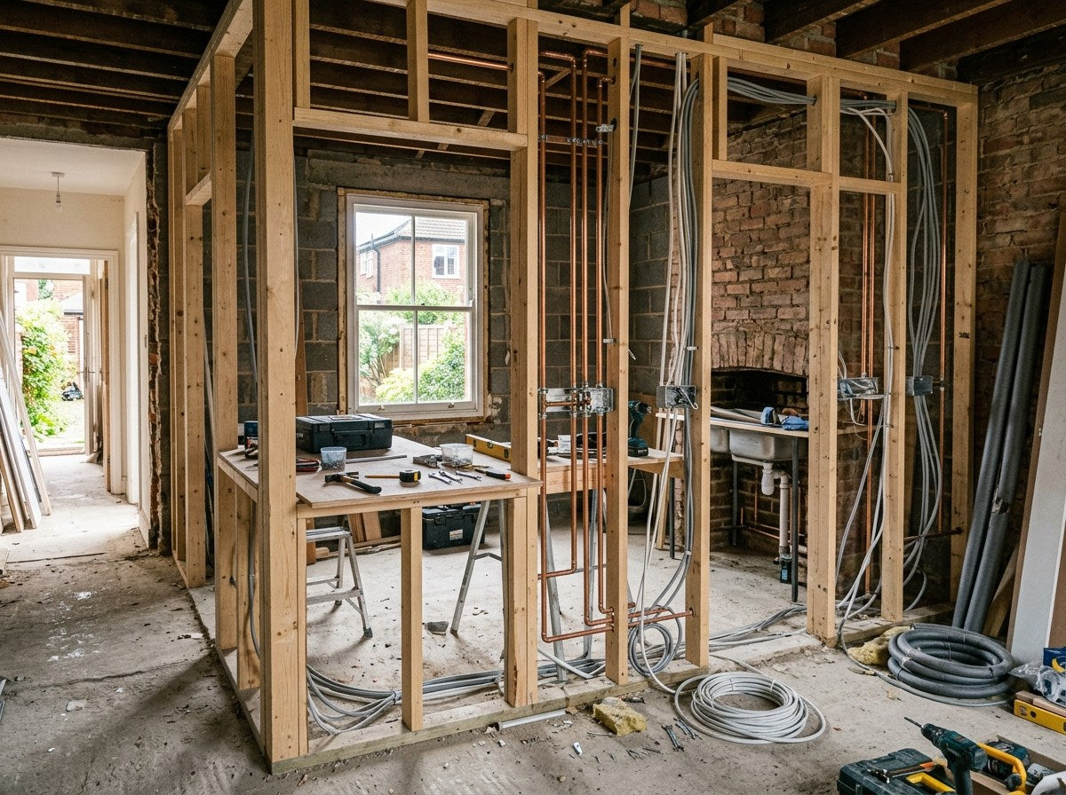 British kitchen renovation in progress at first-fix stage with exposed studs and copper pipework