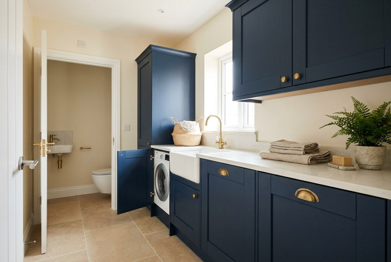 Finished compact UK utility room with navy shaker cabinetry, brass taps and a pale worktop, with a downstairs cloakroom WC visible through an open door