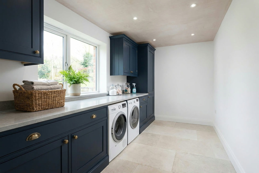 Finished modern UK utility room with navy cabinetry, brass hardware, integrated washer and dryer
