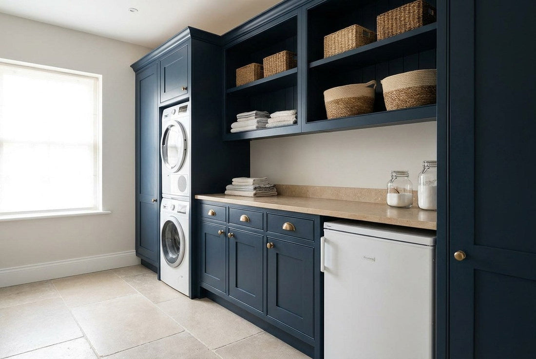 A tidy organised Irish utility room with stacked washer and tumble dryer, navy joinery and a freezer