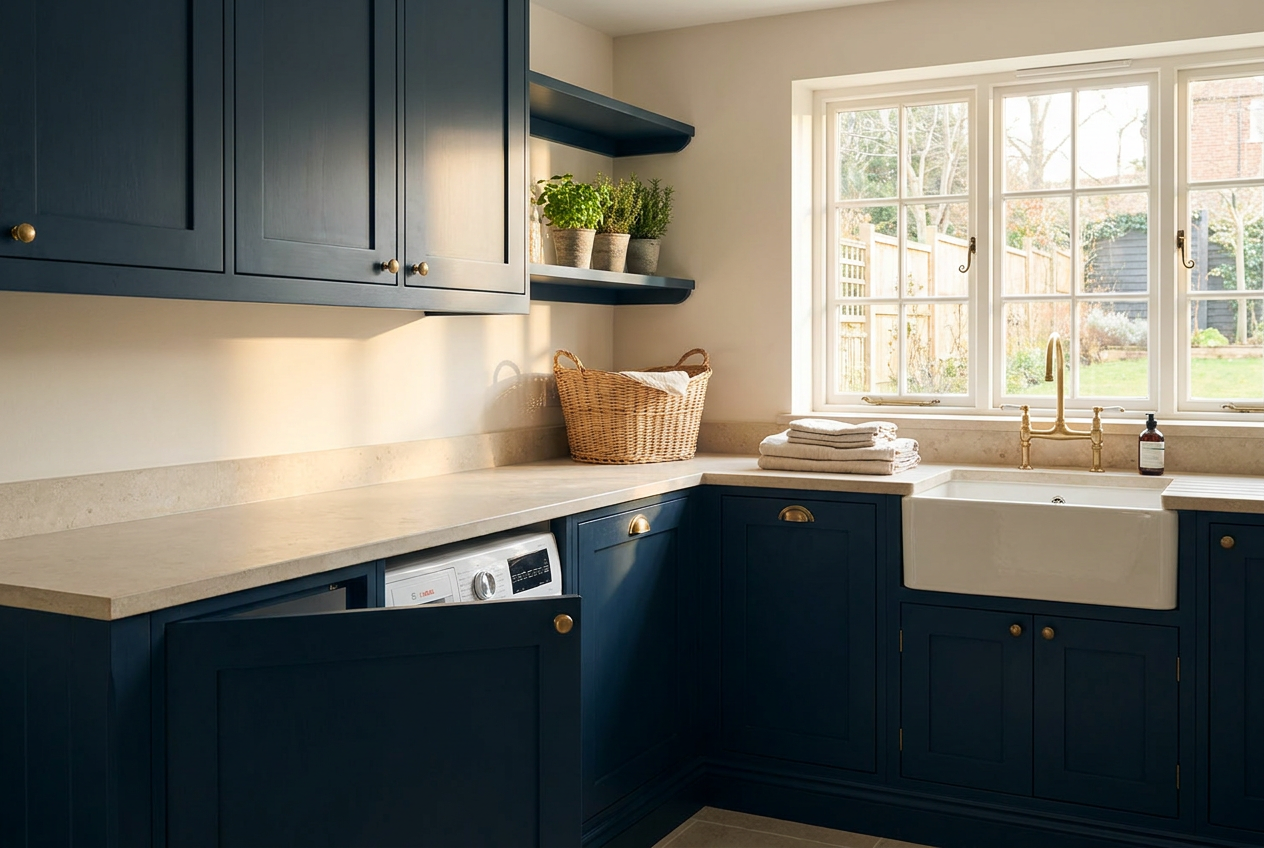 A modern UK utility room with navy units, brushed brass handles, a pale stone worktop and an integrated washing machine