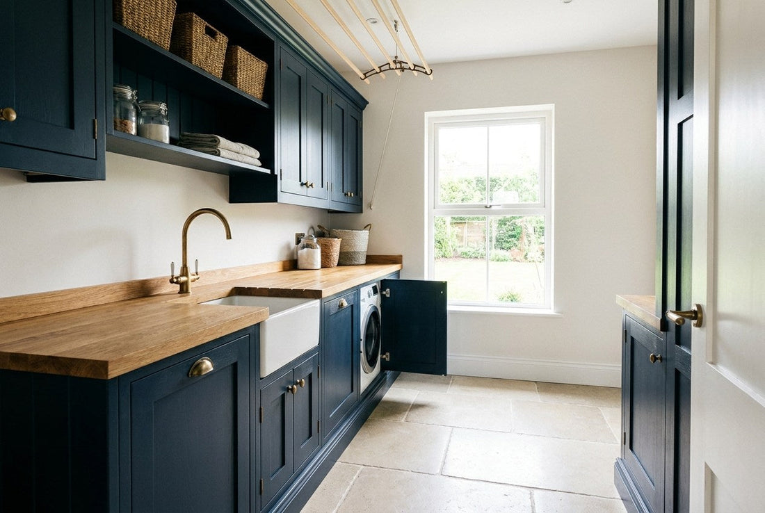 An Irish utility room with navy units, a timber worktop and brass tap