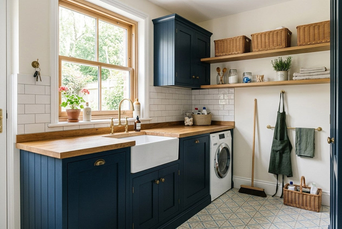 A UK utility room with navy units, a timber worktop and brass tap