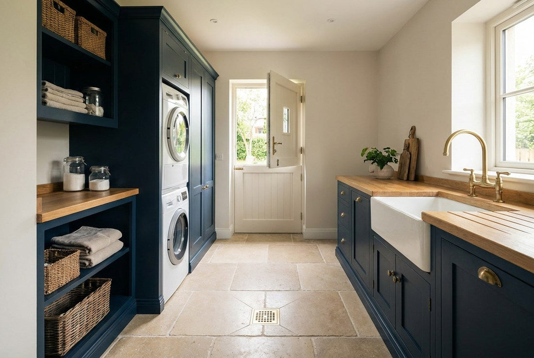 A renovated Irish utility room with washing machine and tumble dryer, navy cabinetry and a floor drain