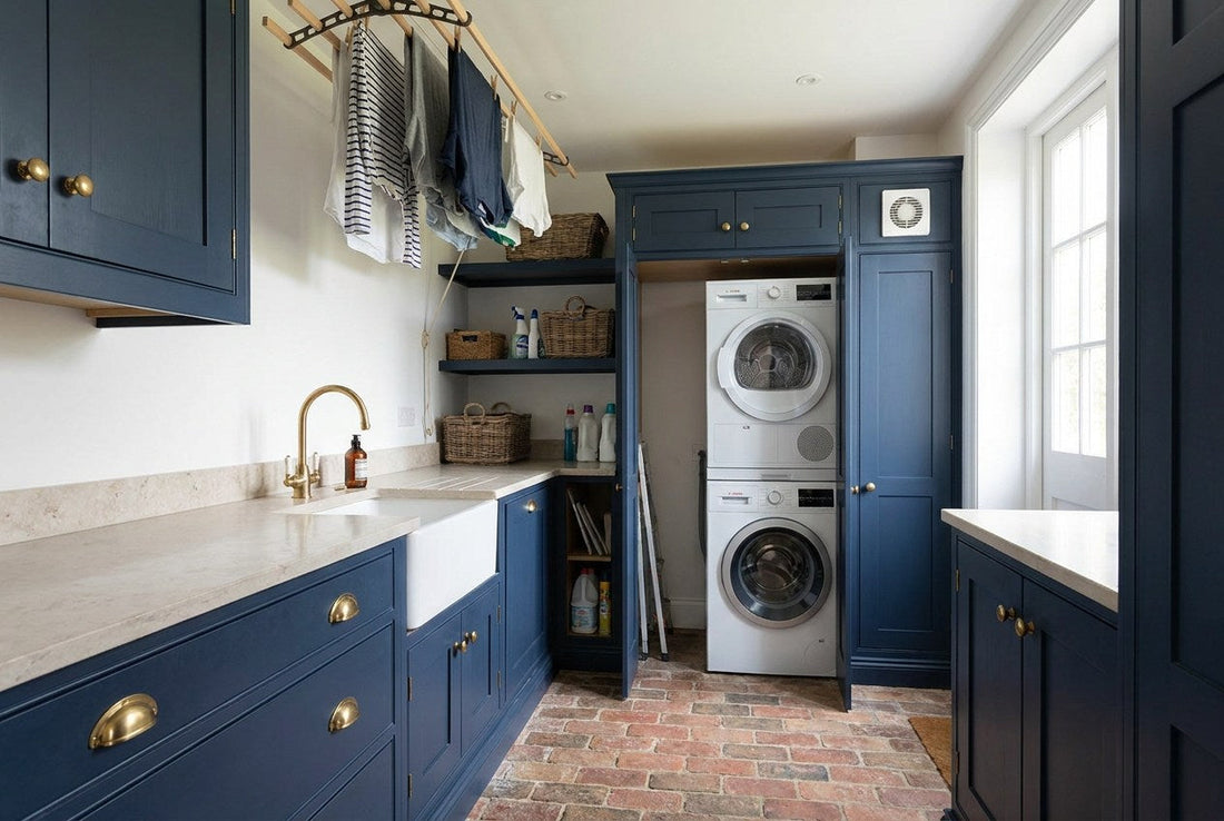 A well-ventilated UK utility room with navy cabinetry and a stacked washer and dryer