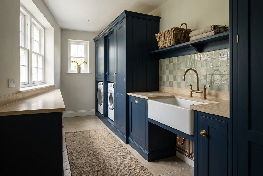A renovated Irish utility room with navy fitted cabinetry, a pale stone worktop, integrated washing machine and dryer, a deep sink and brass taps
