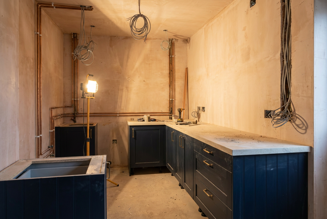 A UK utility room mid-renovation with exposed first-fix plumbing and wiring and navy units partially installed