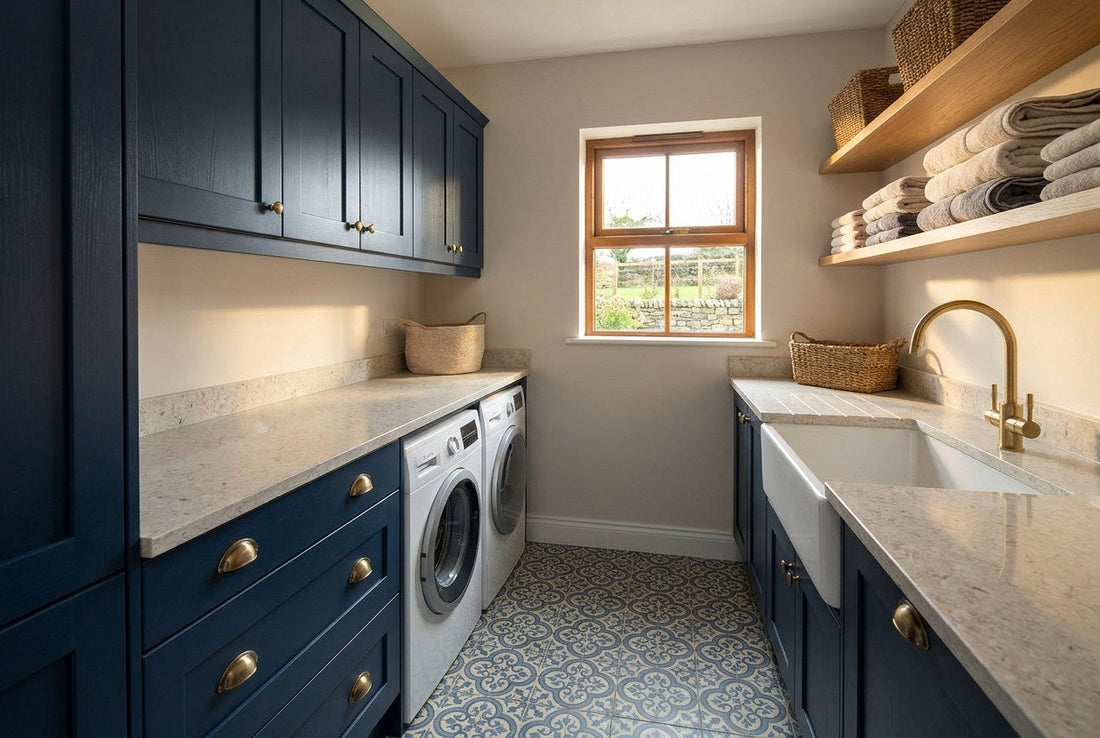 Finished Irish utility room with navy shaker cabinetry, brass handles and tapware, pale stone worktop, washing machine and Belfast sink, representing a completed utility room renovation timeline