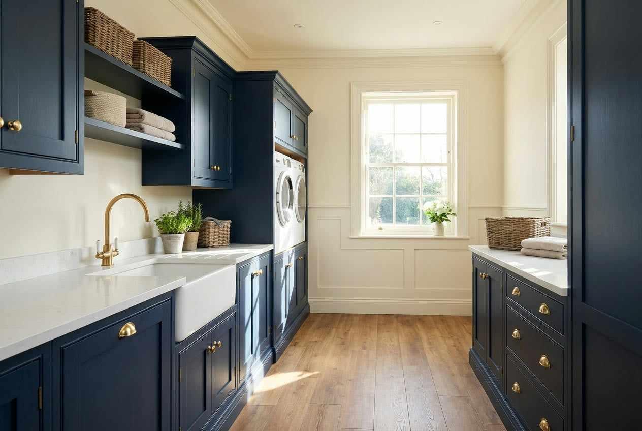 Finished navy blue UK utility room with brass fittings, integrated appliances, and stone worktop