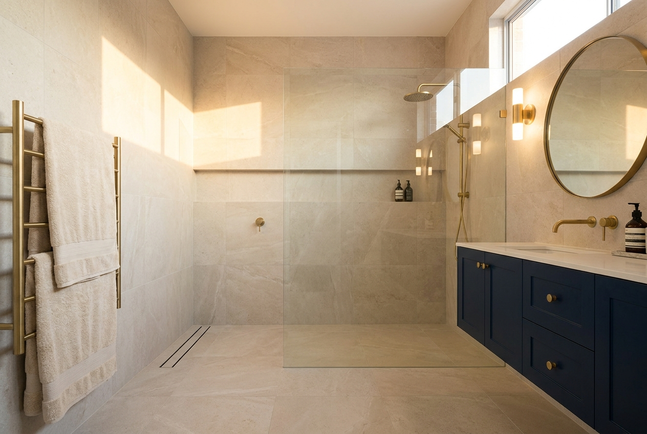 Fully finished frameless walk-in shower with pale stone tiles and navy and brass finishes in a modern Australian bathroom renovation