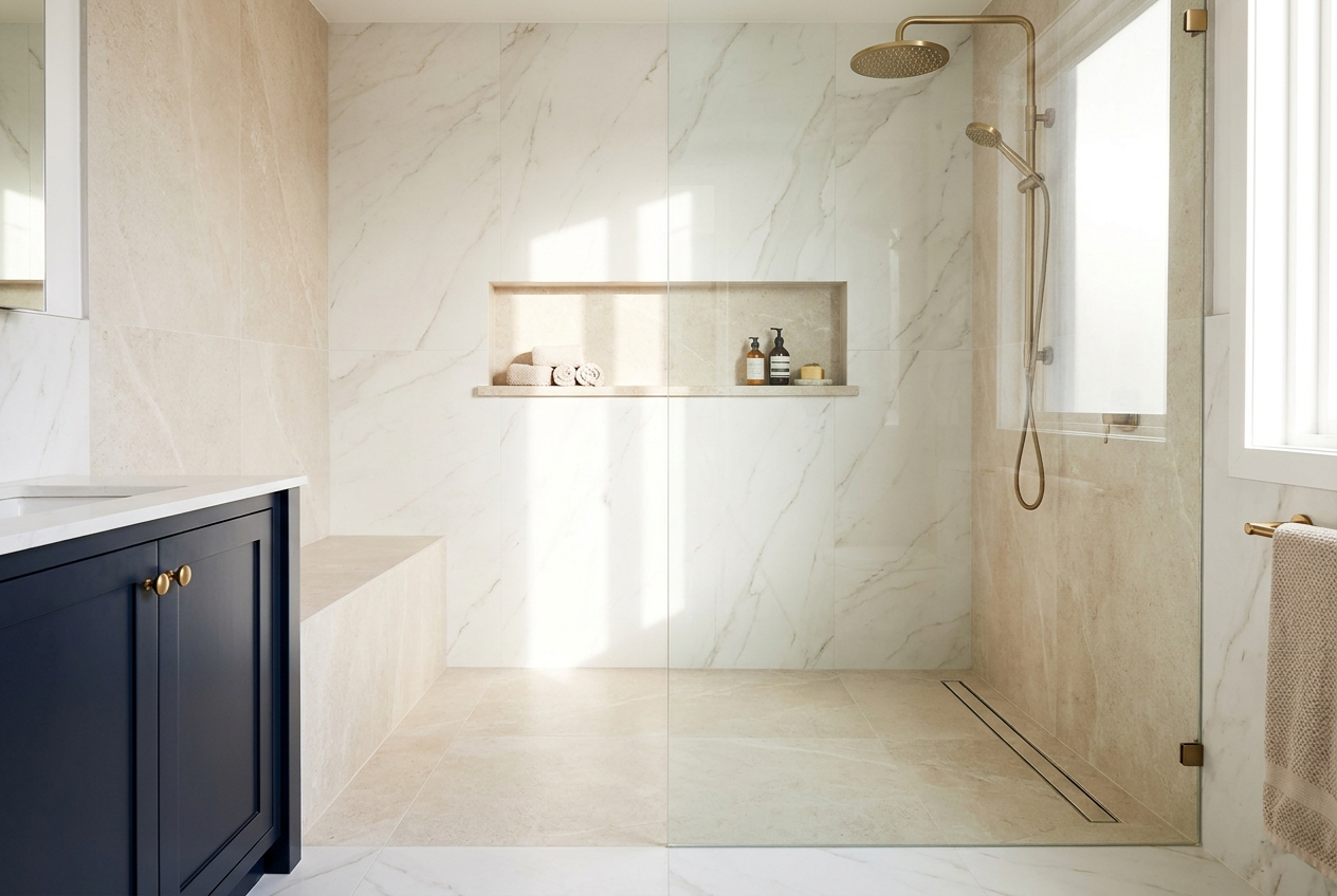 A curbless tiled US walk-in shower with a frameless glass enclosure, linear drain, tiled niche, built-in bench, and brass rain shower fixtures