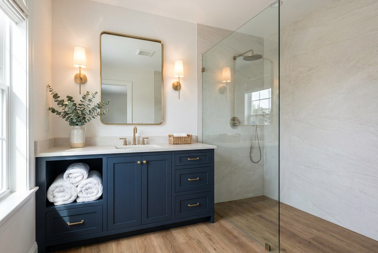 Finished bathroom with a navy shaker vanity, brushed brass faucet and a tiled walk-in shower behind frameless glass