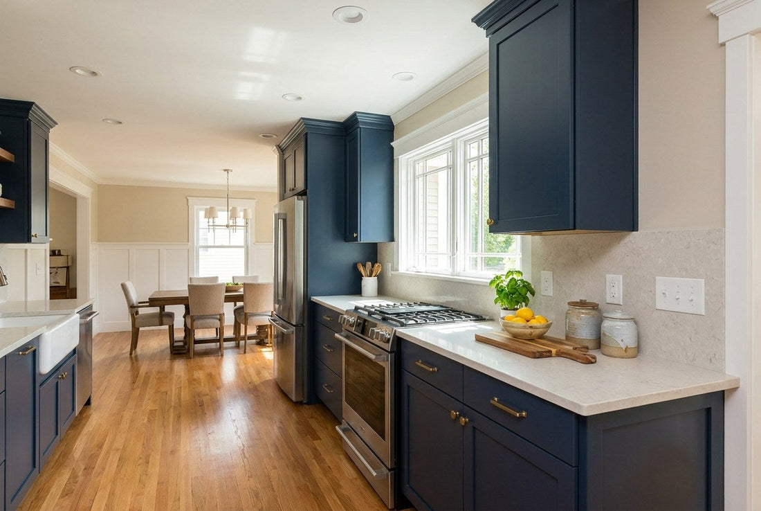 Fully remodeled American kitchen with navy shaker cabinets, brass hardware and a pale stone countertop, finished and styled after a completed whole-house remodel sequence