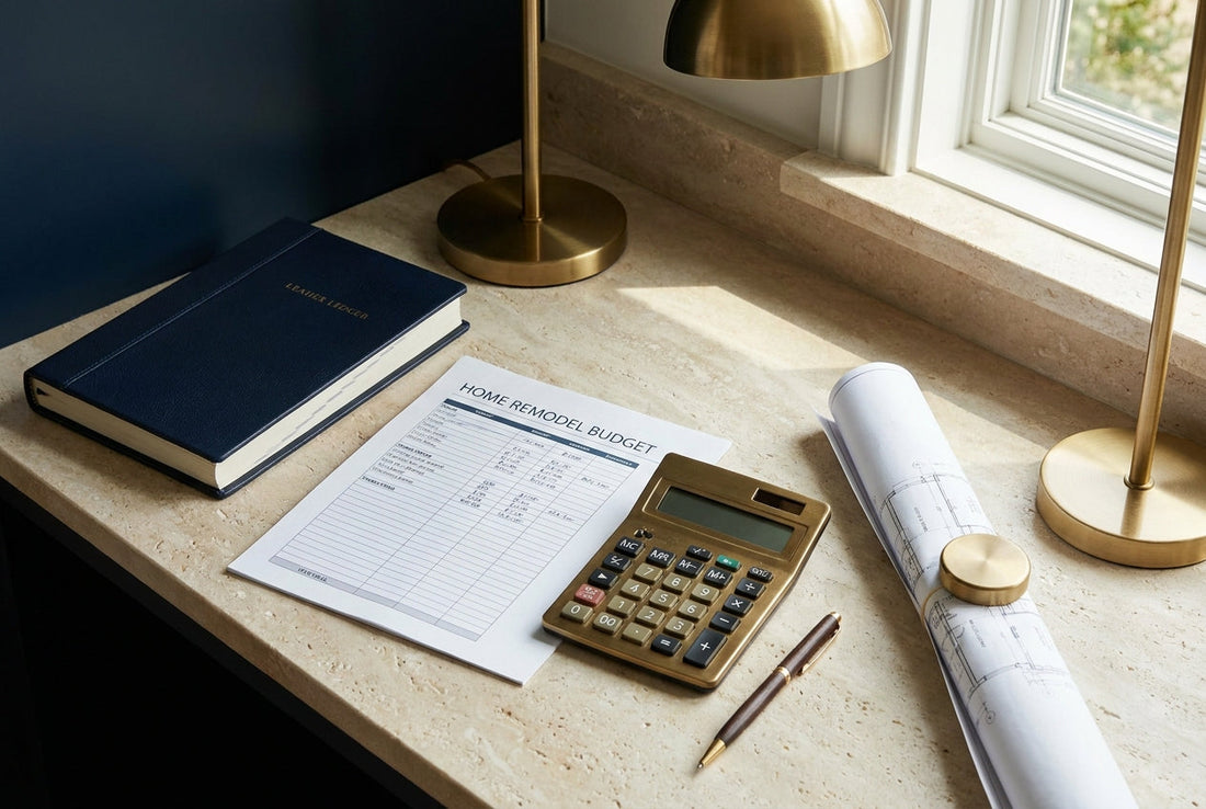 A home remodel budgeting desk with a line-by-line budget spreadsheet, calculator and plans