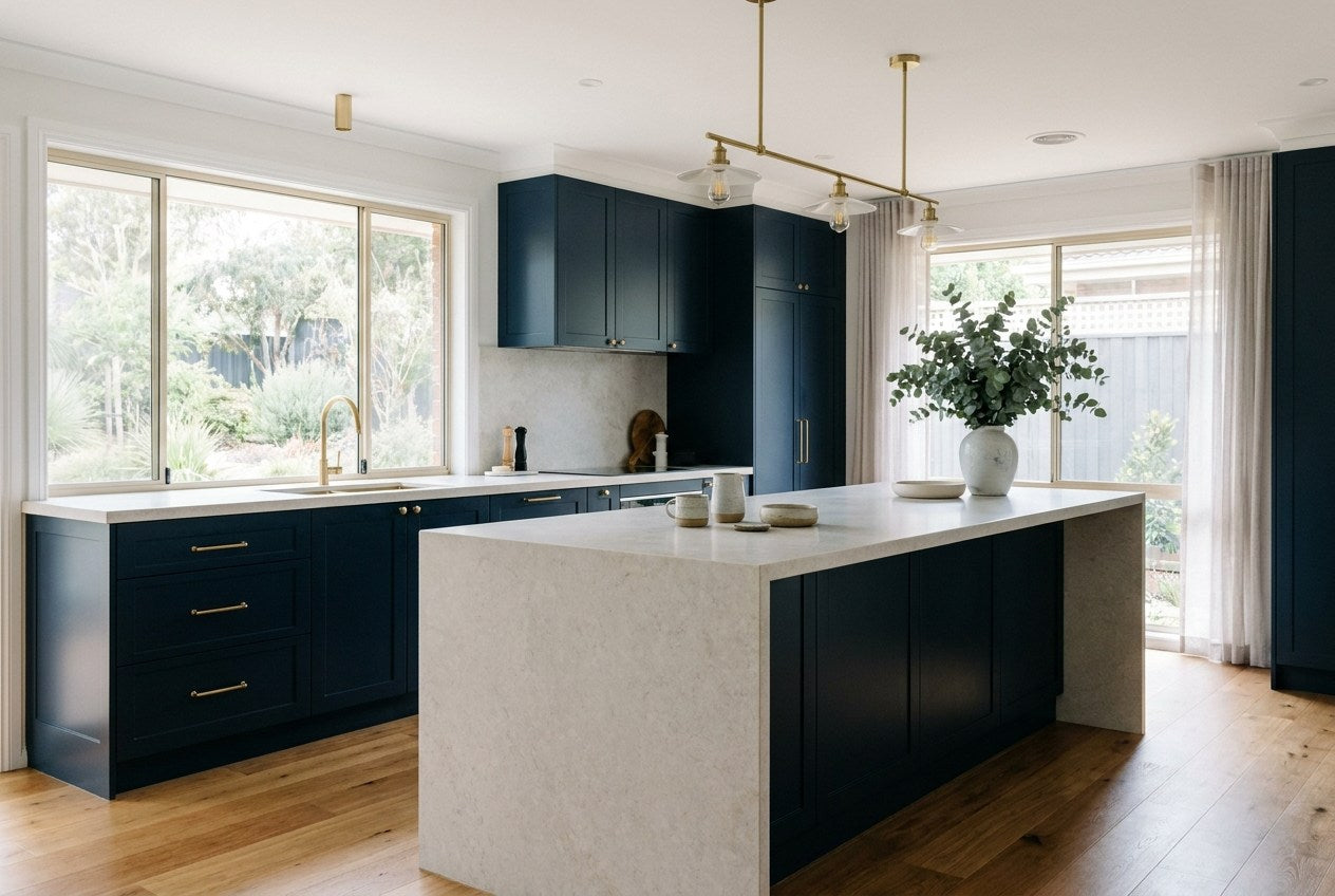 A calm, completed Australian kitchen renovation in navy and brass with pale stone benchtops