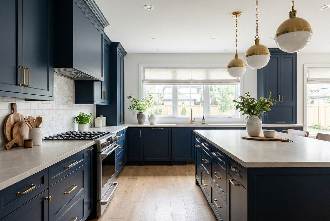 A finished modern Canadian kitchen renovation with navy cabinetry, brass pendant lighting, and pale stone countertops