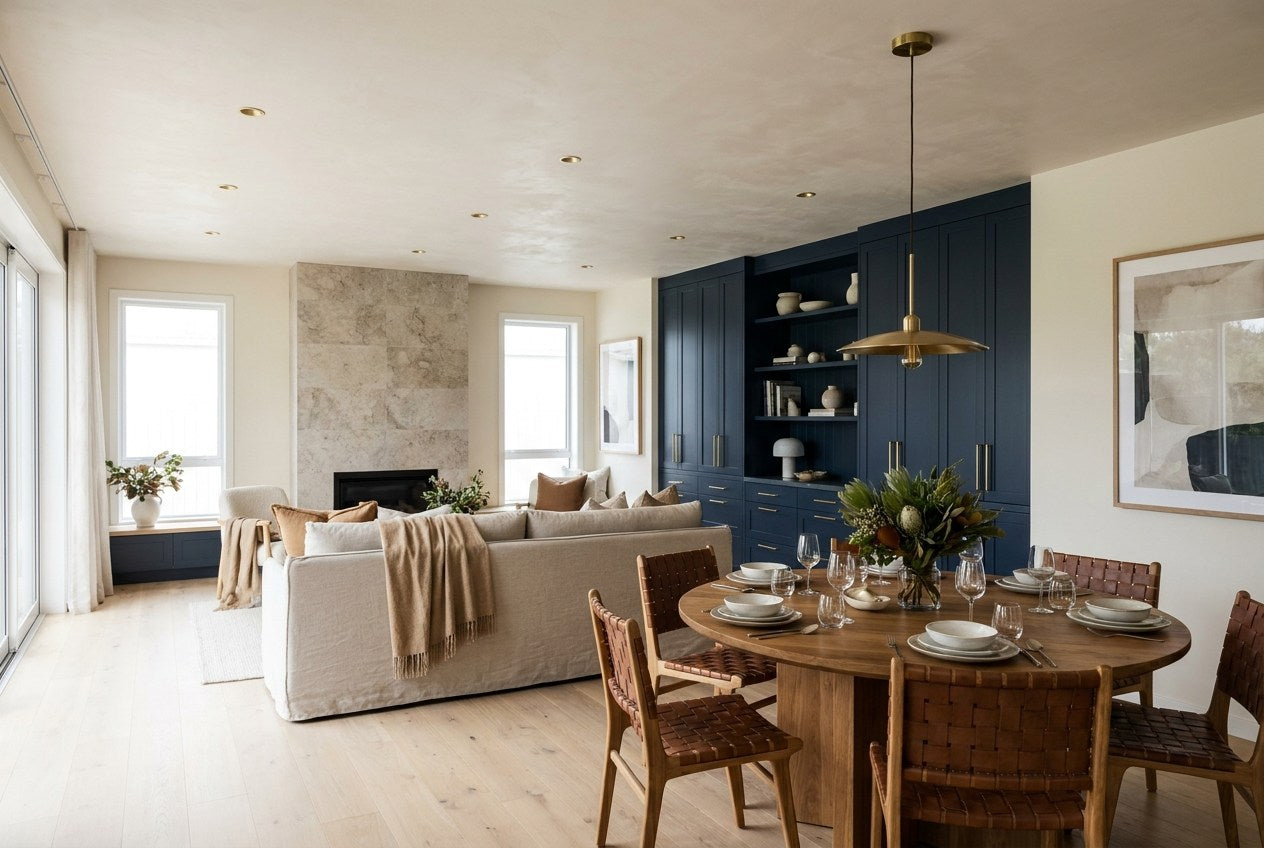 A finished New Zealand open-plan living and dining room with navy joinery and brass accents