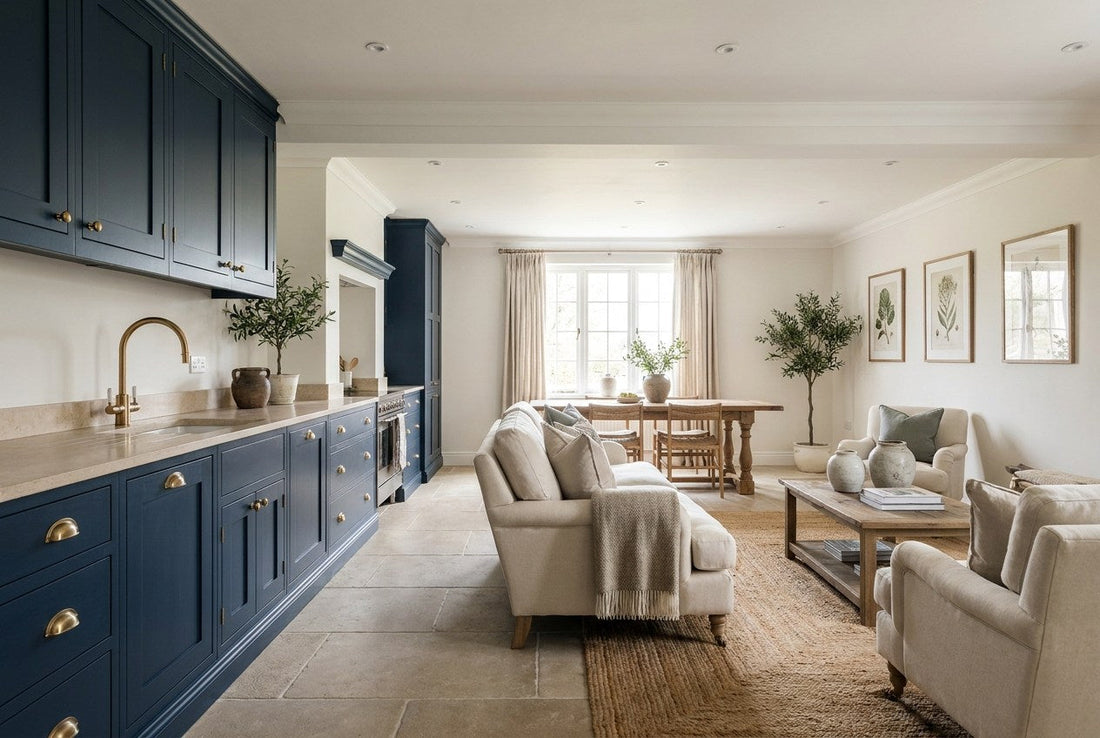 A finished navy and brass UK kitchen and living space, fully renovated and move-in ready