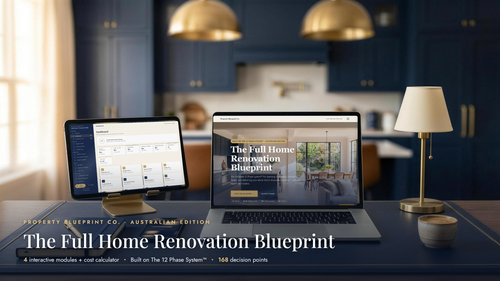 The Full Home Renovation Blueprint — complete whole-home renovation planning system for Australian homeowners, shown on laptop, tablet and phone