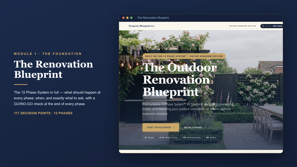 UK outdoor renovation planning — The Renovation Blueprint (Module 1): the 12 Phase System with 117 decision points