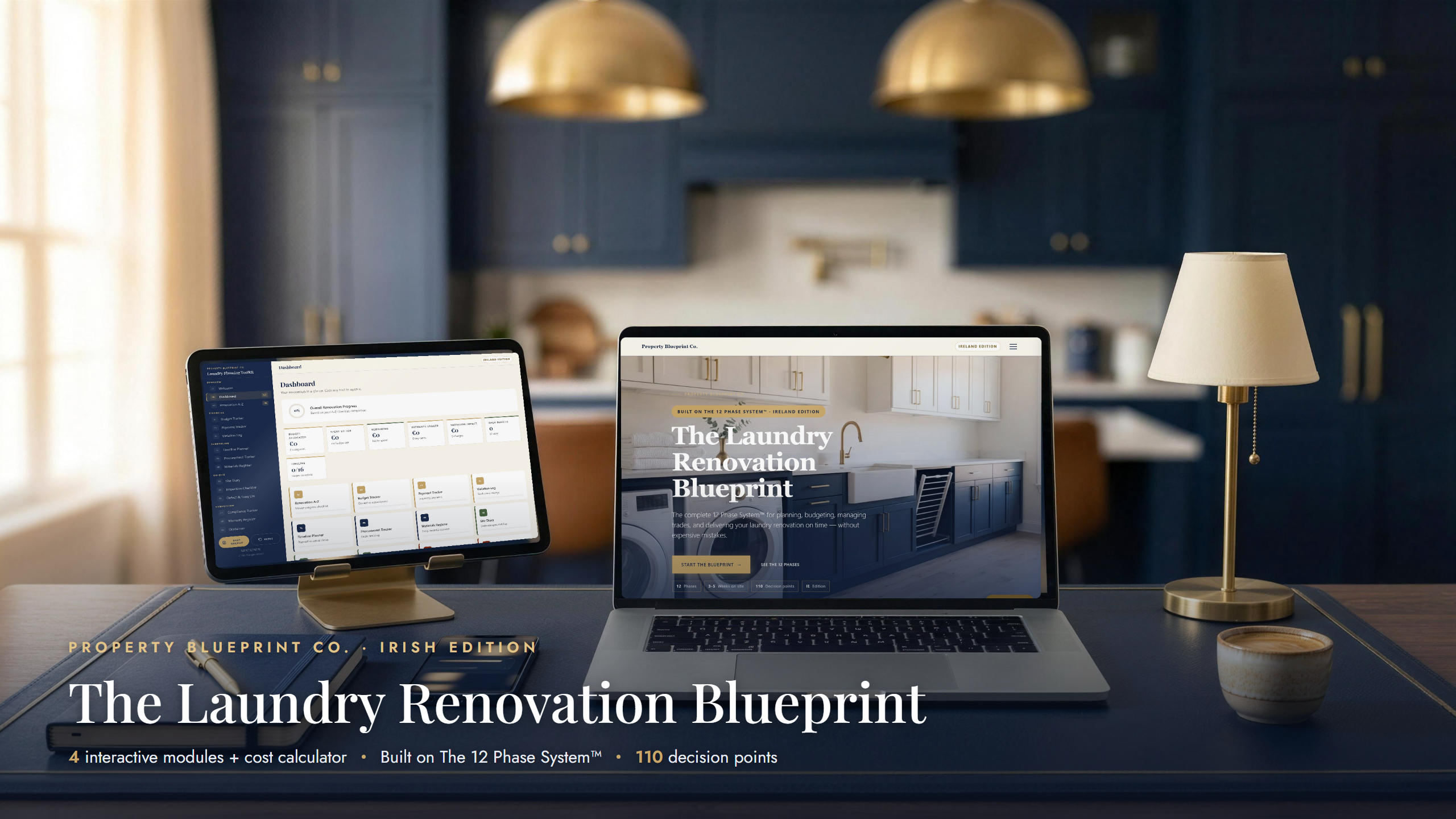 The Laundry Renovation Blueprint — complete laundry renovation planning system for Irish homeowners, shown on laptop, tablet and phone