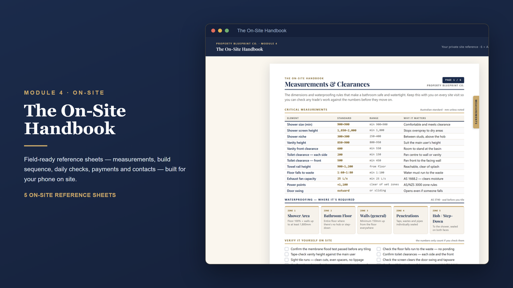Australian bathroom renovation planning — The On-Site Handbook (Module 4): field reference sheets for on site