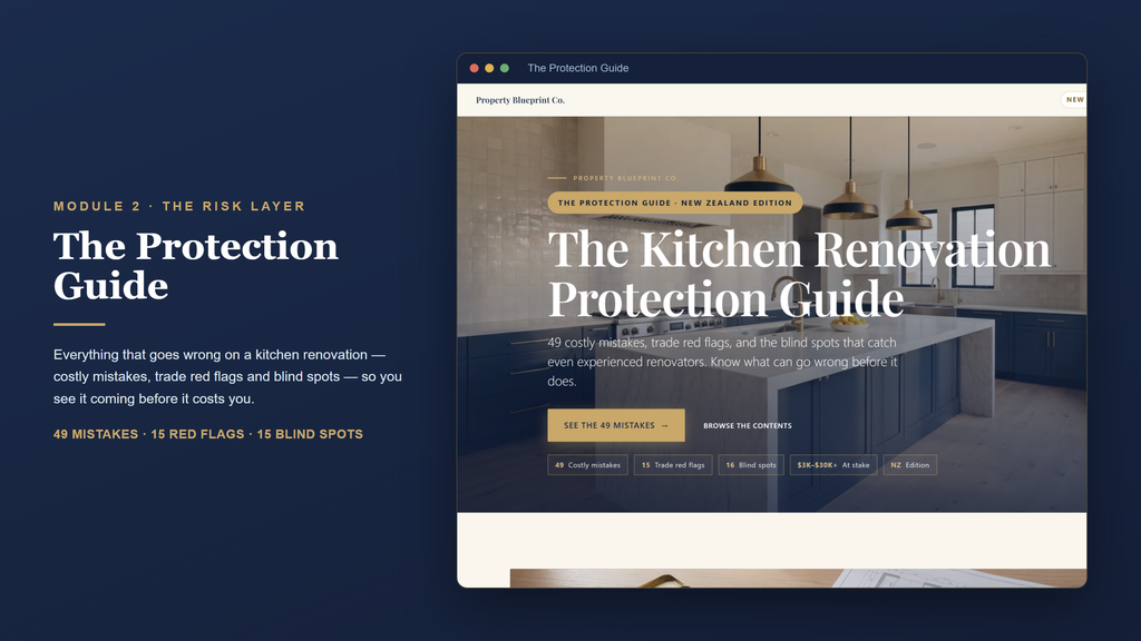 New Zealand kitchen renovation planning — The Protection Guide (Module 2): 49 costly mistakes, 15 trade red flags and blind spots