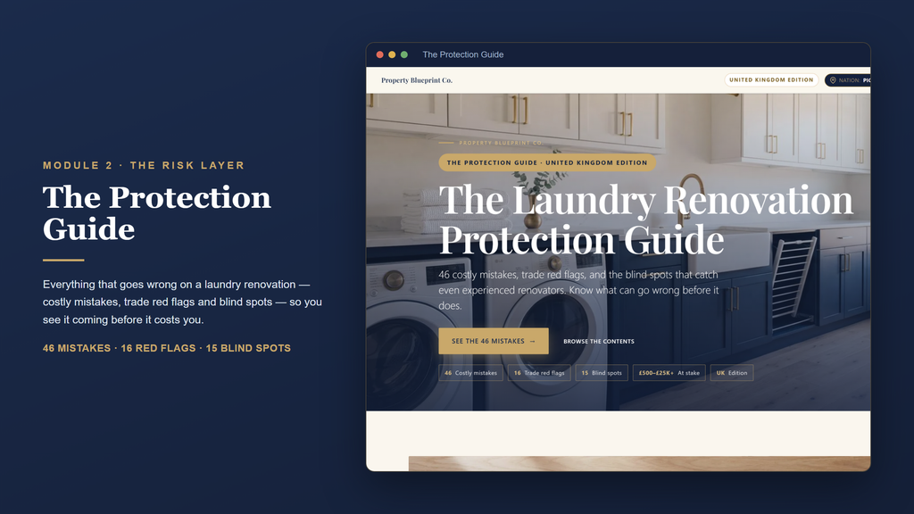 UK laundry renovation planning — The Protection Guide (Module 2): 46 costly mistakes, 16 trade red flags and blind spots