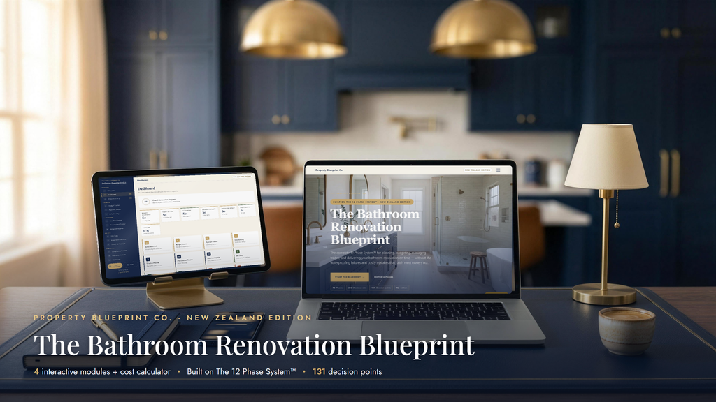 The Bathroom Renovation Blueprint — complete bathroom renovation planning system for New Zealand homeowners, shown on laptop, tablet and phone