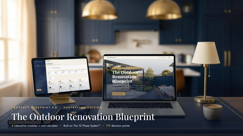 The Outdoor Renovation Blueprint — complete outdoor renovation planning system for Australian homeowners, shown on laptop, tablet and phone