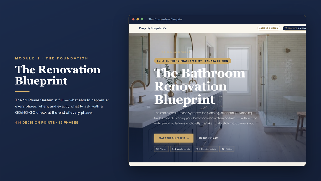 Canadian bathroom renovation planning — The Renovation Blueprint (Module 1): the 12 Phase System with 131 decision points