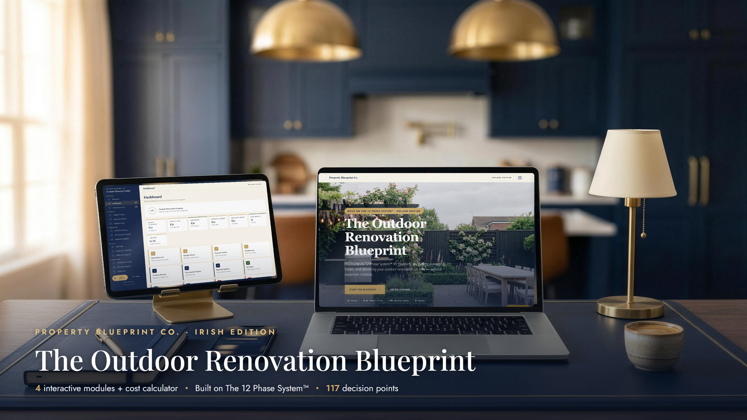 The Outdoor Renovation Blueprint — complete outdoor renovation planning system for Irish homeowners, shown on laptop, tablet and phone