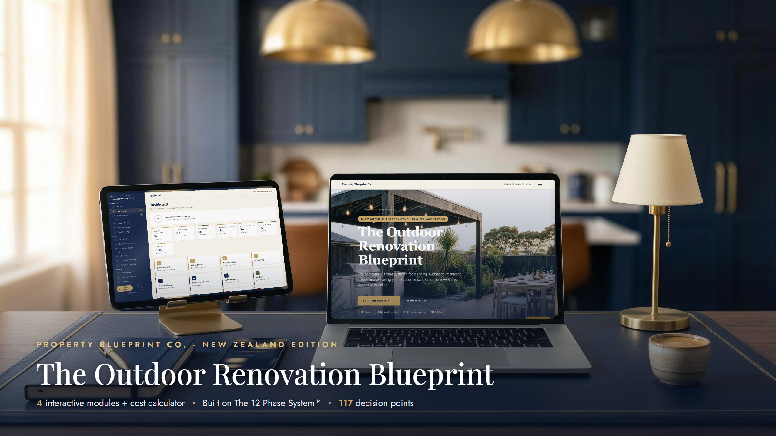 The Outdoor Renovation Blueprint — complete outdoor renovation planning system for New Zealand homeowners, shown on laptop, tablet and phone