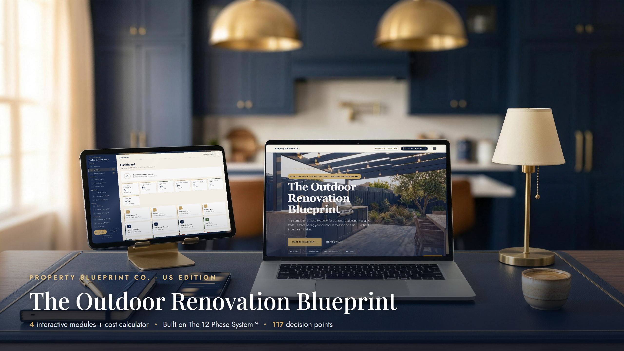 The Outdoor Renovation Blueprint — complete outdoor renovation planning system for US homeowners, shown on laptop, tablet and phone