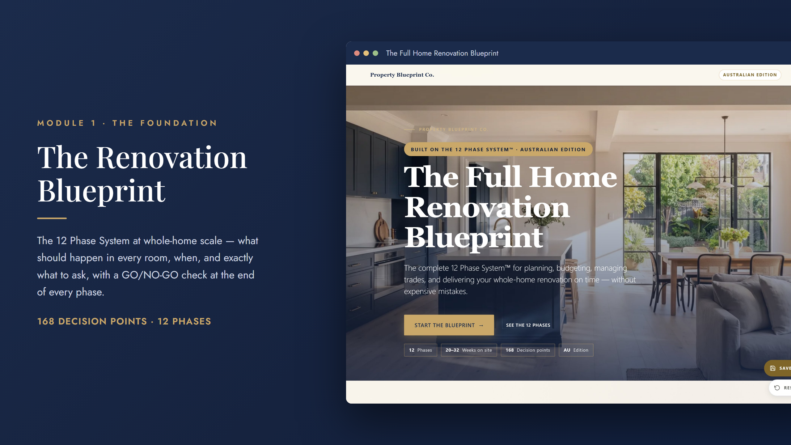 Australian whole-home renovation planning — The Renovation Blueprint (Module 1): the 12 Phase System with 168 decision points