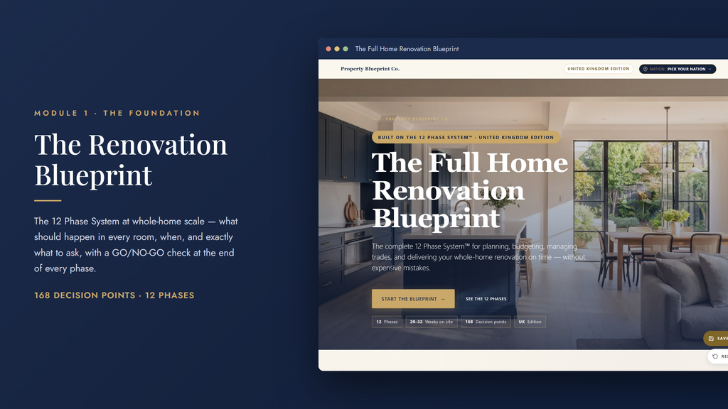 Whole-home renovation planning — The Renovation Blueprint (Module 1): 168 decision points across 12 phases, with Nation Watch rules for England, Wales, Scotland and Northern Ireland