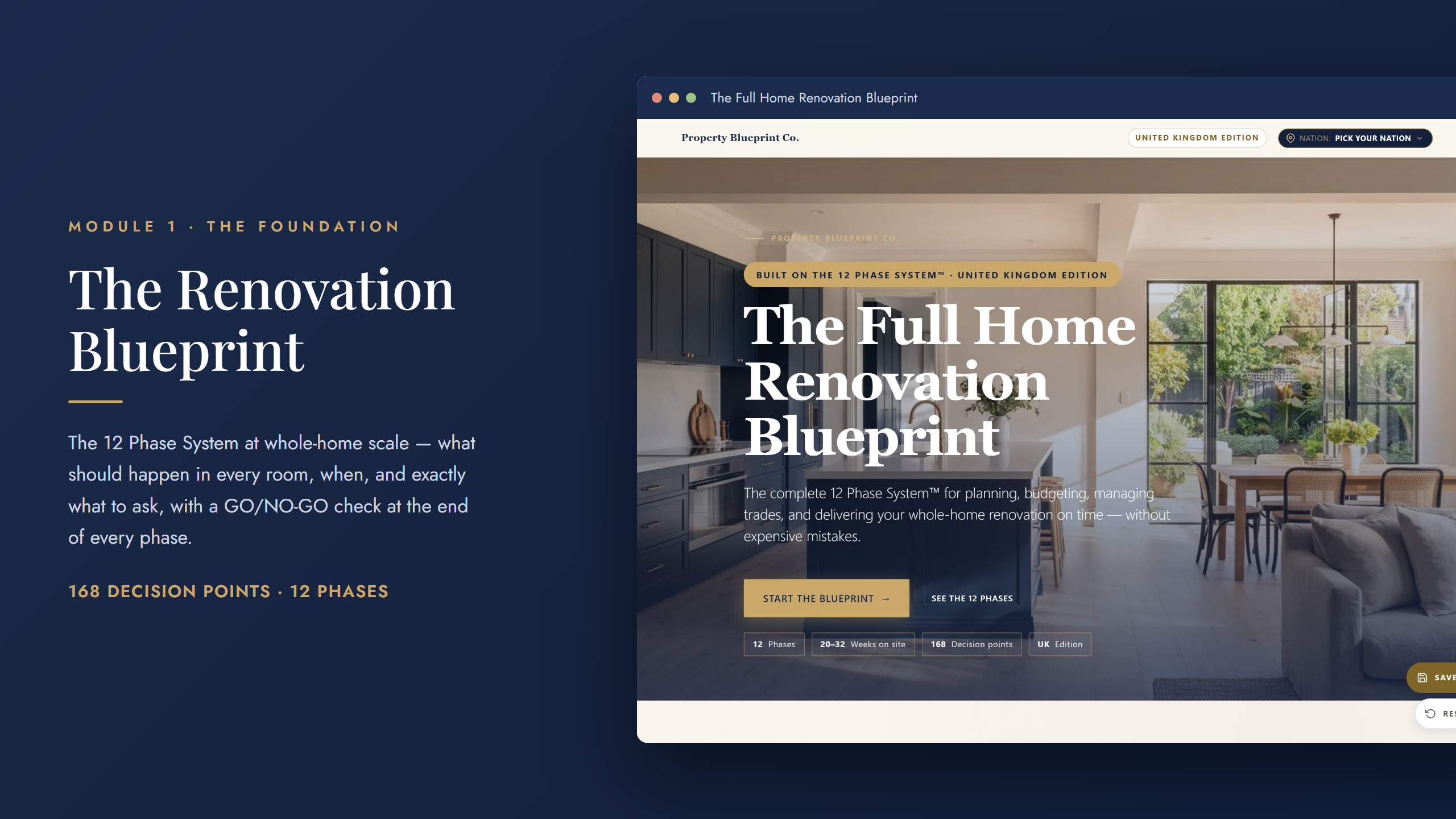 Whole-home renovation planning — The Renovation Blueprint (Module 1): 168 decision points across 12 phases, with Nation Watch rules for England, Wales, Scotland and Northern Ireland