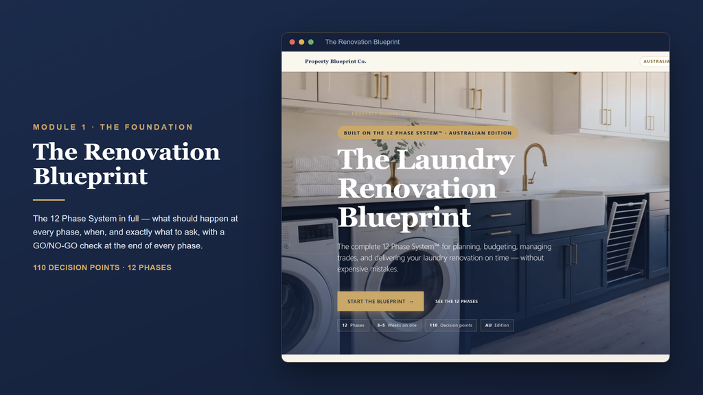 Australian laundry renovation planning — The Renovation Blueprint (Module 1): the 12 Phase System with 110 decision points