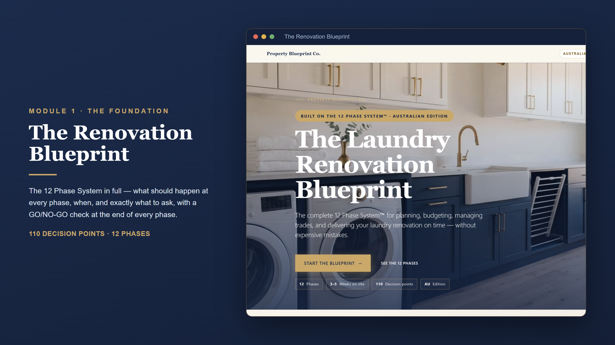Australian laundry renovation planning — The Renovation Blueprint (Module 1): the 12 Phase System with 110 decision points