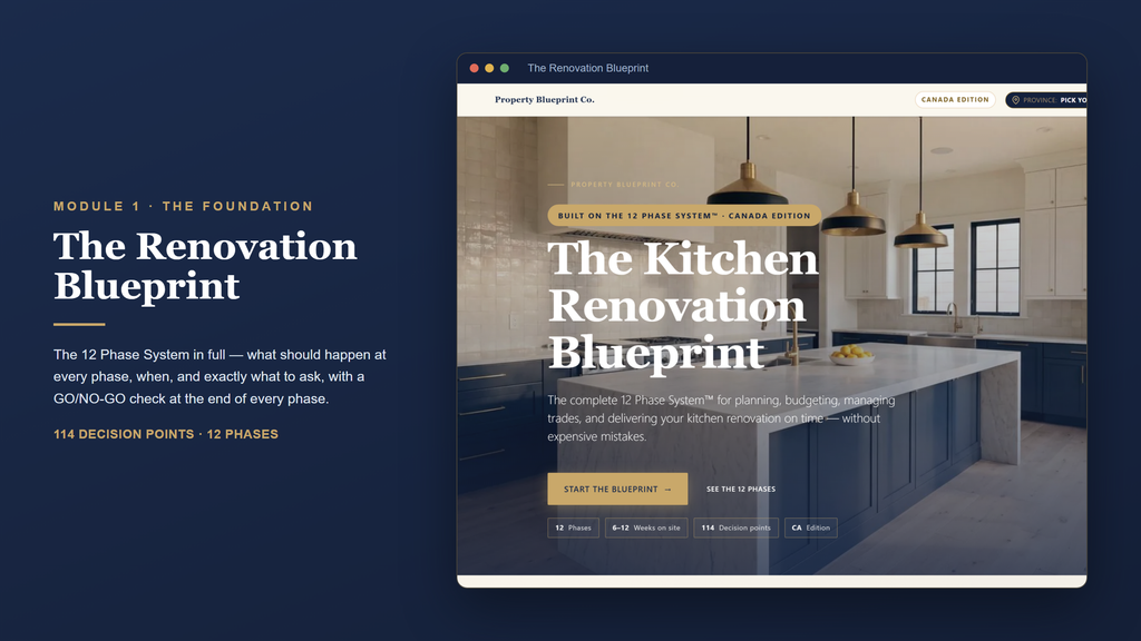 Canadian kitchen renovation planning — The Renovation Blueprint (Module 1): the 12 Phase System with 114 decision points