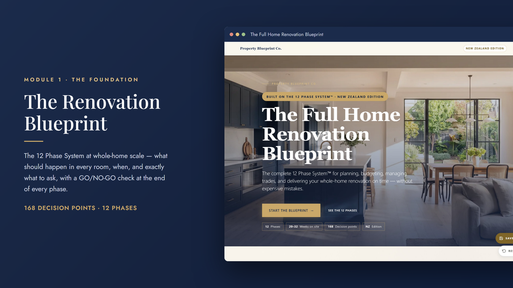 New Zealand whole-home renovation planning — The Renovation Blueprint (Module 1): the 12 Phase System with 168 decision points