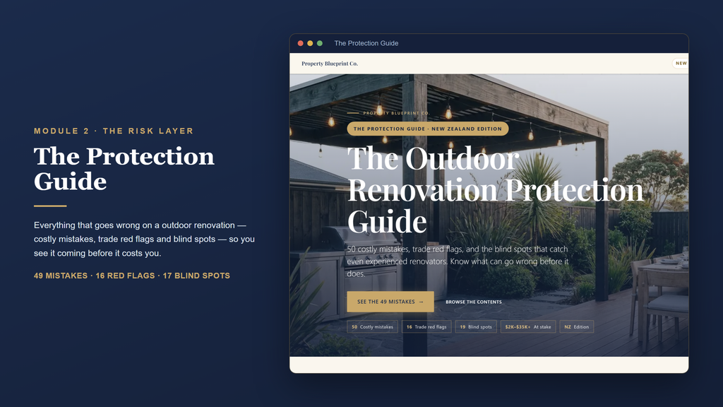 New Zealand outdoor renovation planning — The Protection Guide (Module 2): 49 costly mistakes, 16 trade red flags and blind spots