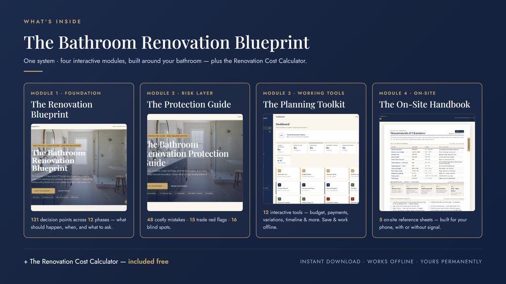 What's inside the New Zealand Bathroom Renovation Blueprint — four interactive modules plus a renovation cost calculator, included free