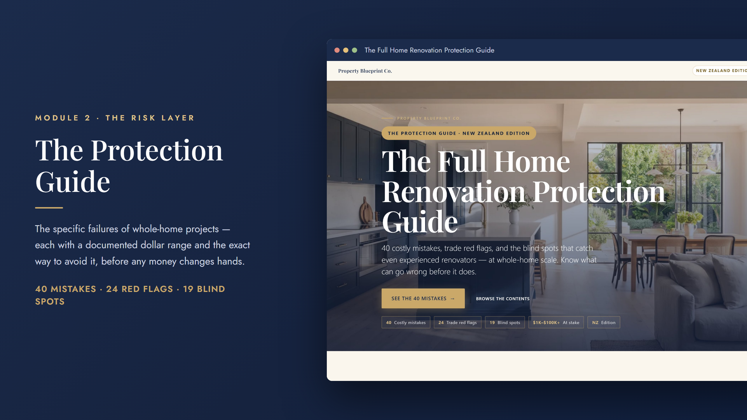 New Zealand whole-home renovation planning — The Protection Guide (Module 2): 40 costly mistakes, 24 trade red flags and 19 blind spots