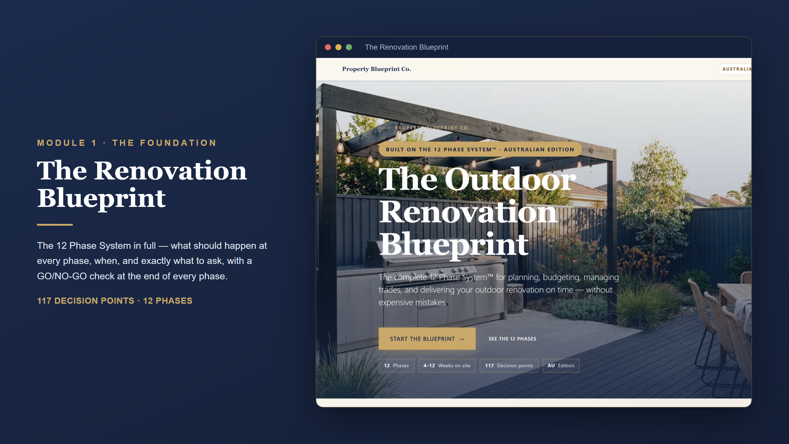 Australian outdoor renovation planning — The Renovation Blueprint (Module 1): the 12 Phase System with 117 decision points