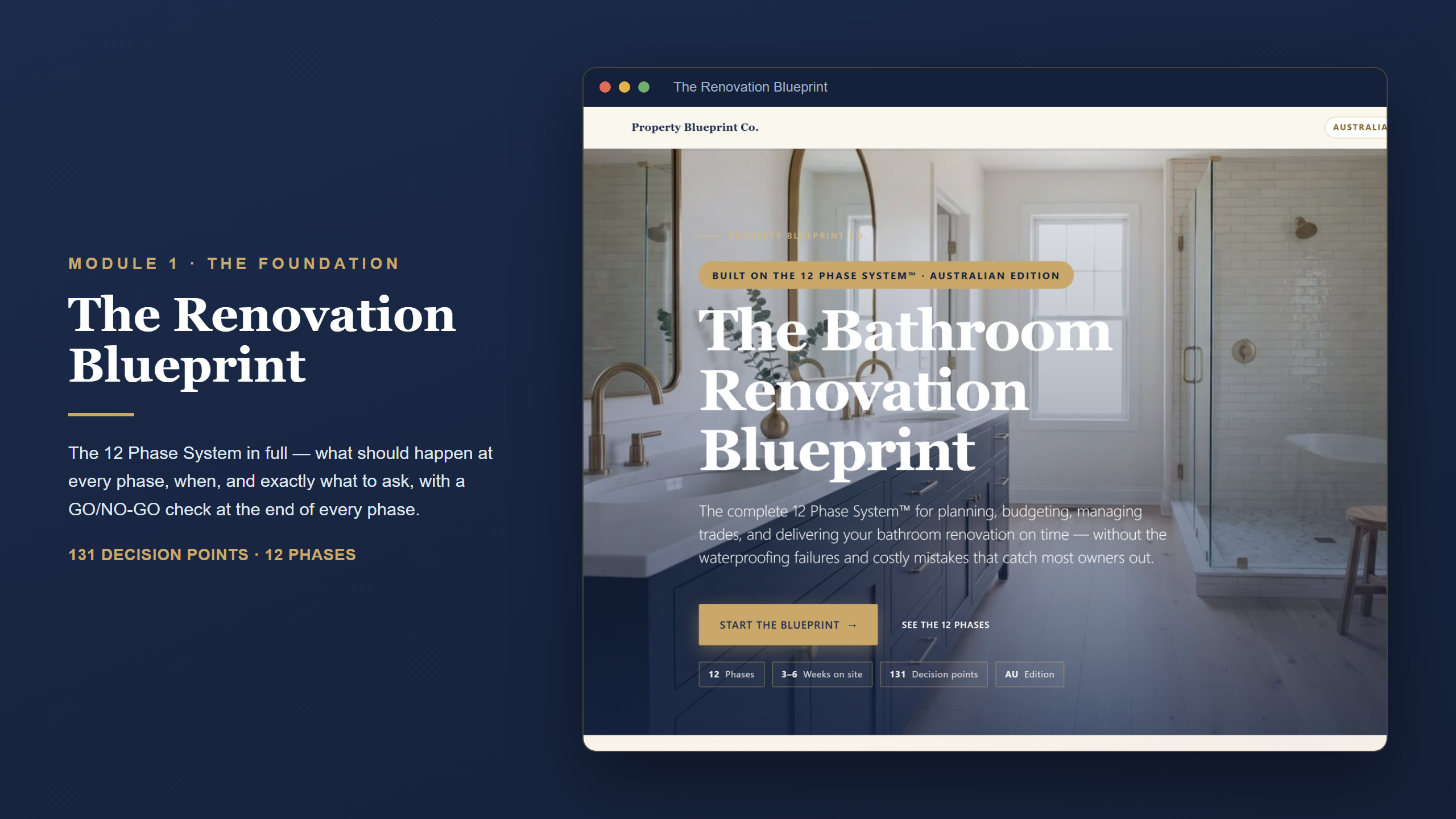 Australian bathroom renovation planning — The Renovation Blueprint (Module 1): the 12 Phase System with 131 decision points