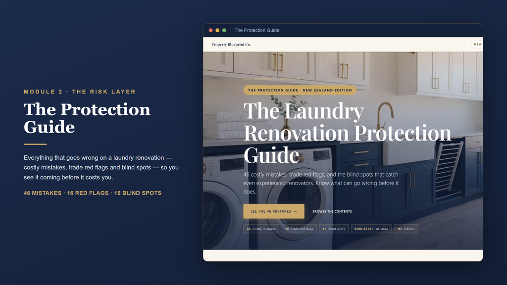 New Zealand laundry renovation planning — The Protection Guide (Module 2): 46 costly mistakes, 16 trade red flags and blind spots