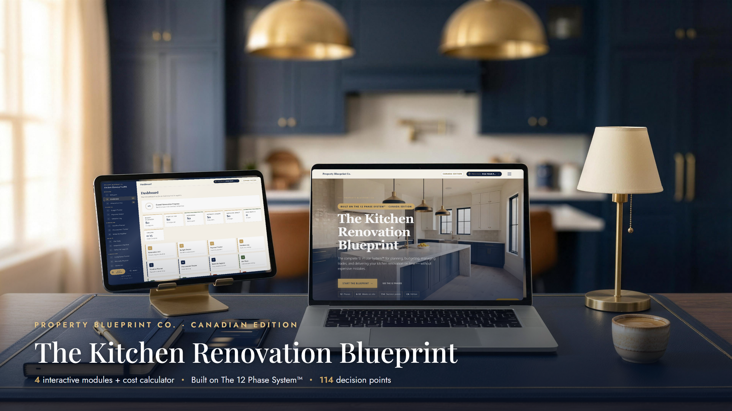 The Kitchen Renovation Blueprint — complete kitchen renovation planning system for Canadian homeowners, shown on laptop, tablet and phone